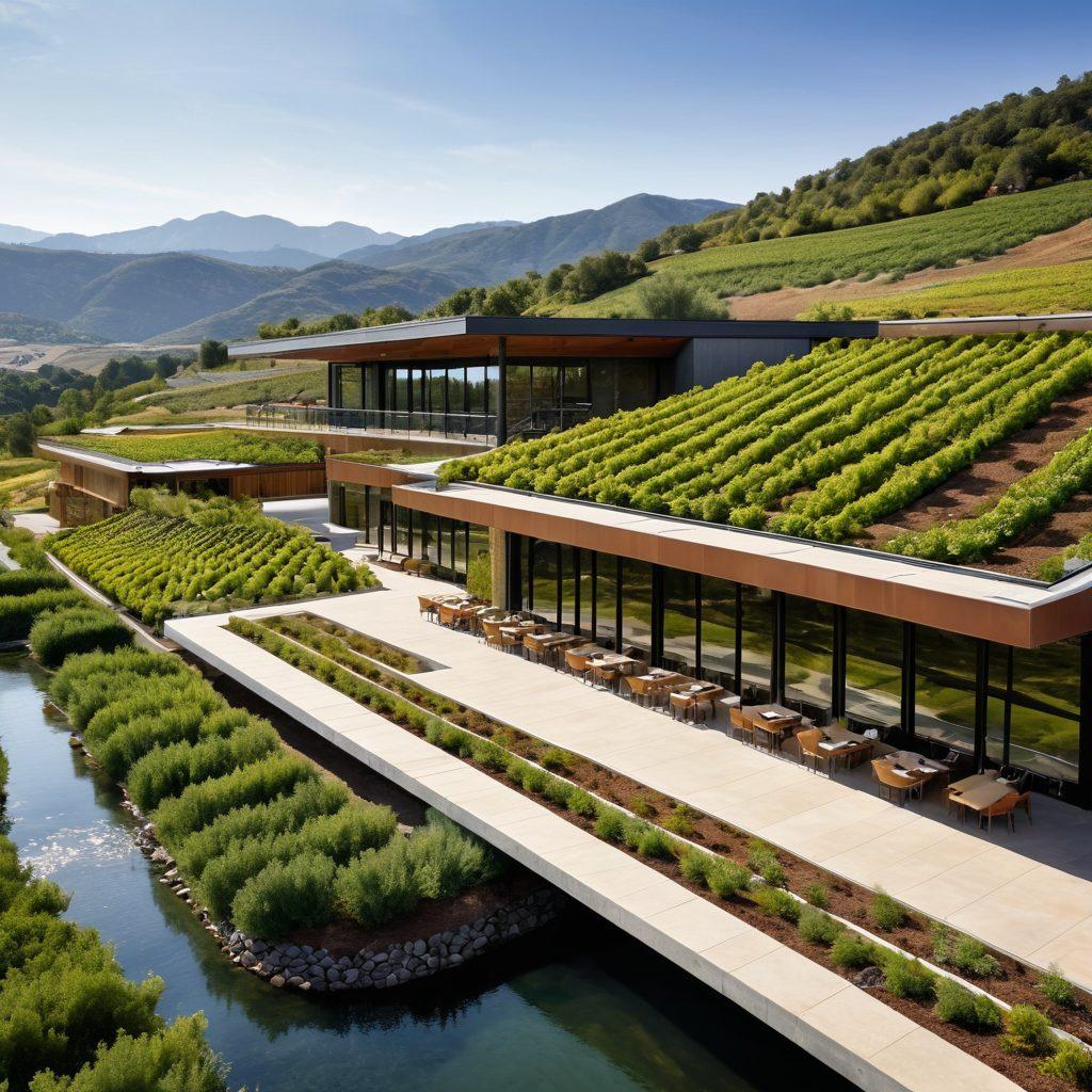 A modern winery nestled in a breathtaking landscape, showcasing lush vineyards with sustainable practices. Include innovative architectural features like green roofs, solar panels, and natural water features. Highlight the harmony between nature and design, with people enjoying wine tastings outside. The setting should evoke a sense of tranquility and sustainability. vibrant colors. super-realistic.
