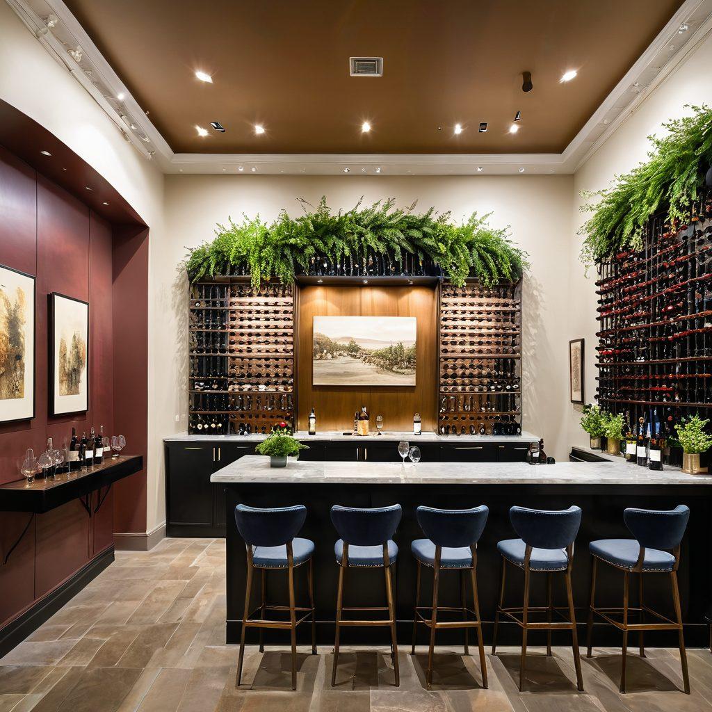 An elegant wine tasting room featuring high ceilings with intricate architectural details, infused with sensory elements like soft ambient lighting, lush greenery, and vibrant art pieces. Showcase a sleek bar with various wine bottles, alongside guests engaged in exploration and enjoyment, capturing a blend of sophistication and warmth. super-realistic. vibrant colors. modern design.
