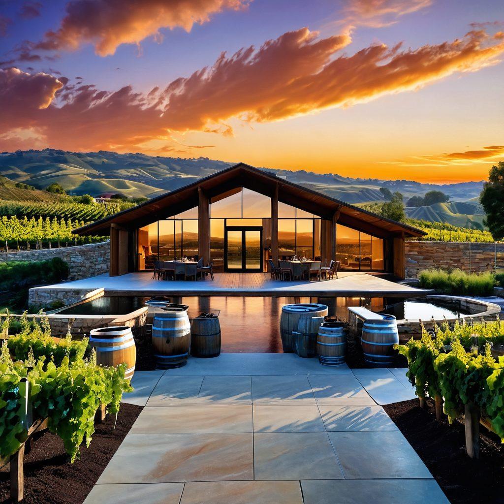 A stunning vineyard landscape blending contemporary architecture with rustic elements, featuring sleek wine tasting rooms made of glass and wood nestled among rolling hills. Wine barrels and grapevines surround the scene, with people enjoying a tasting experience on a modern patio. A sunset casts a warm glow over the entire setting, highlighting the connection between architecture and nature. super-realistic. vibrant colors. sunset backdrop.